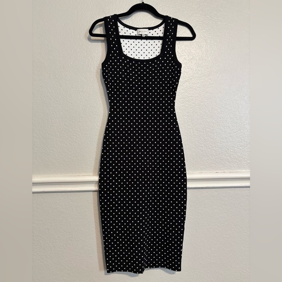 MILLY Women's Micro Dot Fitted Dress, black and white polka-dot. Midi size 6 P - Picture 2 of 7